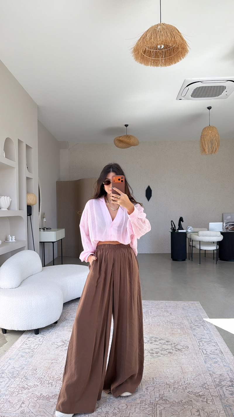 Kahverengi Ultra Wide Leg Tensel Pantolon