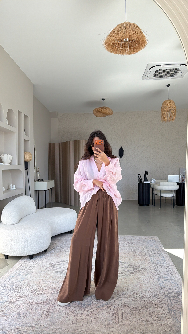 Kahverengi Ultra Wide Leg Tensel Pantolon