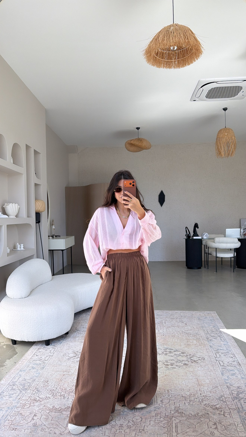 Kahverengi Ultra Wide Leg Tensel Pantolon