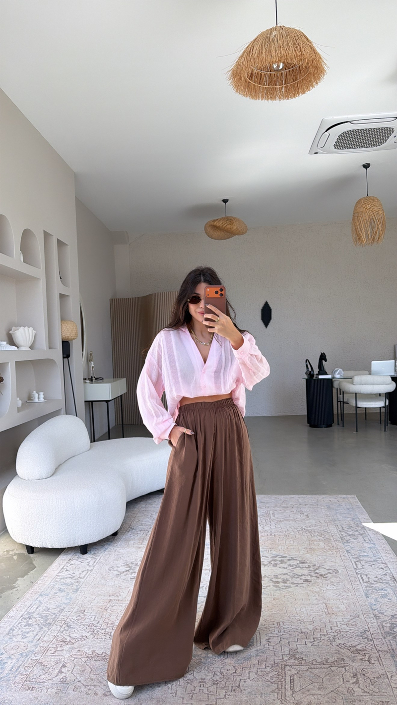 Kahverengi Ultra Wide Leg Tensel Pantolon