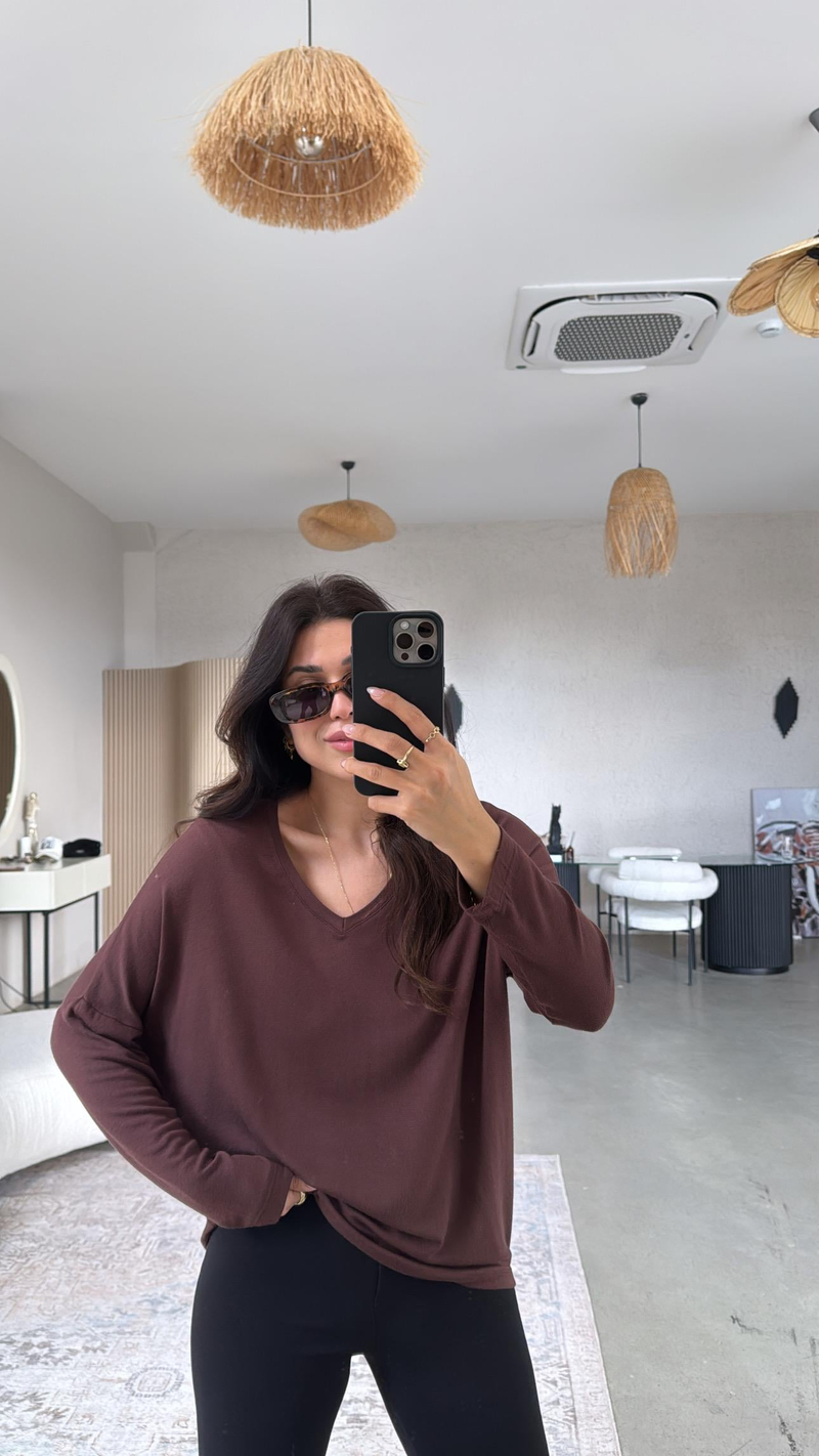 Kahverengi V Yaka Basic İnce Triko Bluz