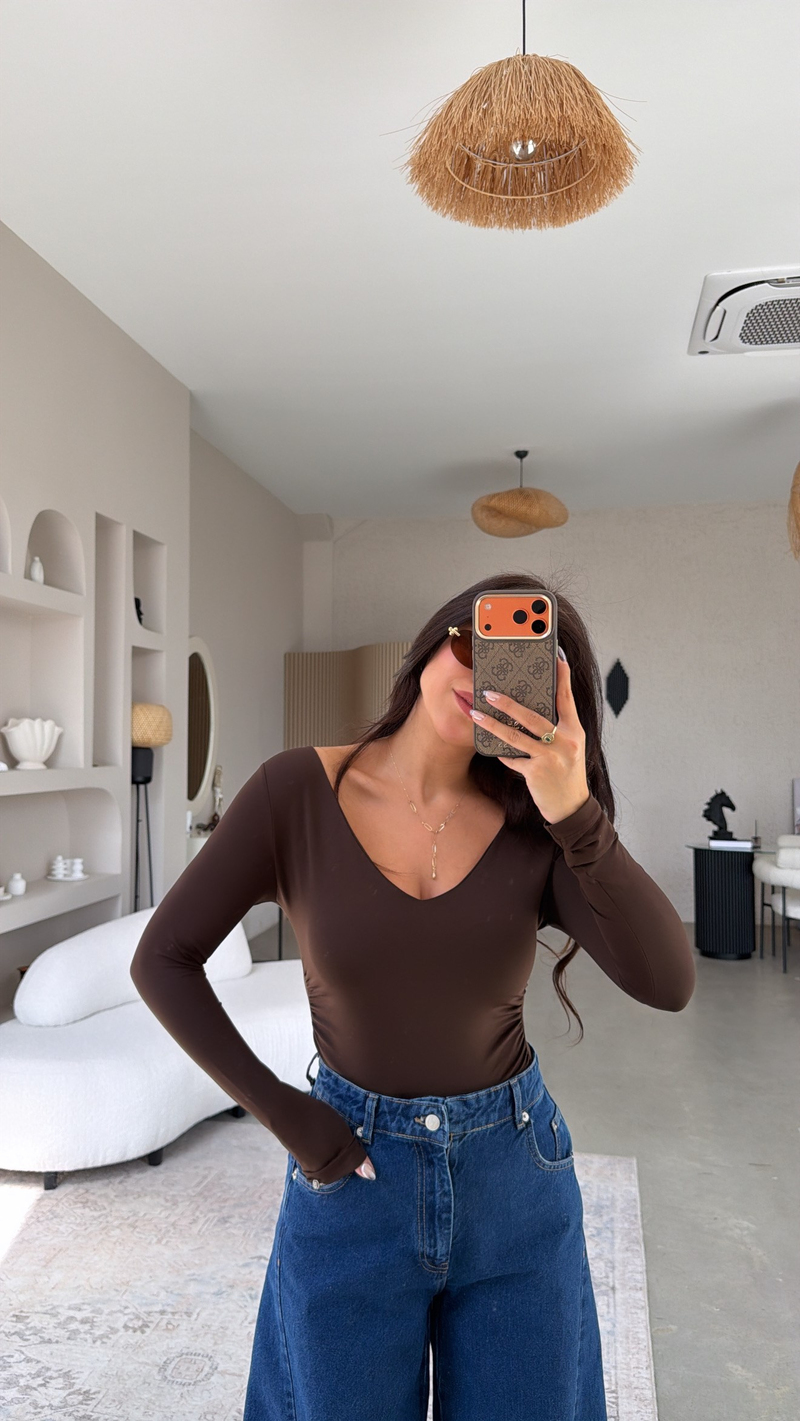 Kahverengi V Yaka Polyamid Bodysuit