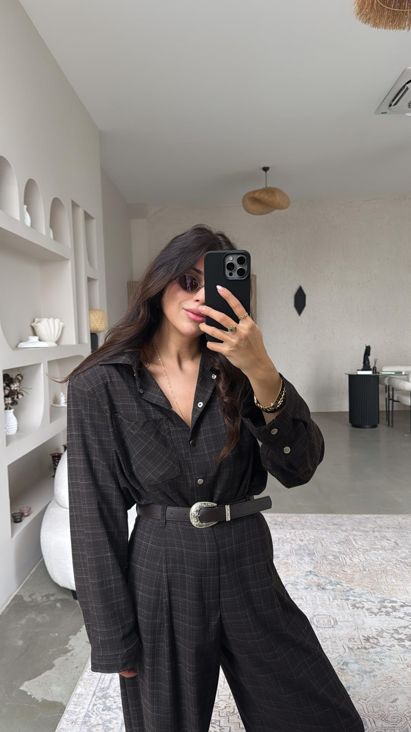 Kahverengi Vatkalı Kemerli Gömlek Pantolon Takım