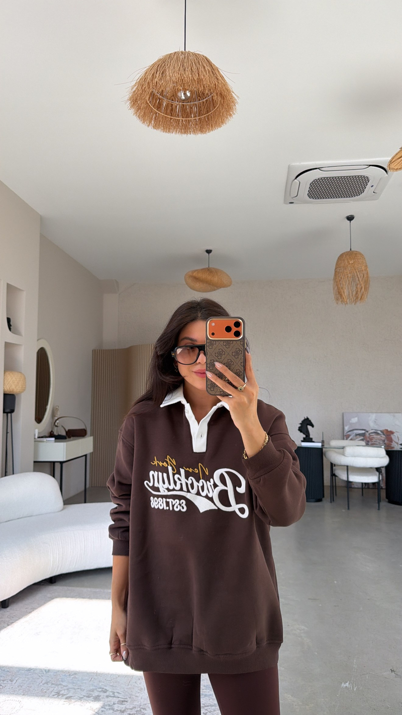 Kahverengi Yakalı Brooklyn Üç İplik Sweatshirt