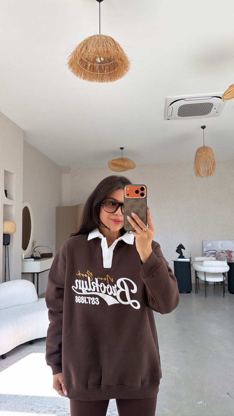 Kahverengi Yakalı Brooklyn Üç İplik Sweatshirt
