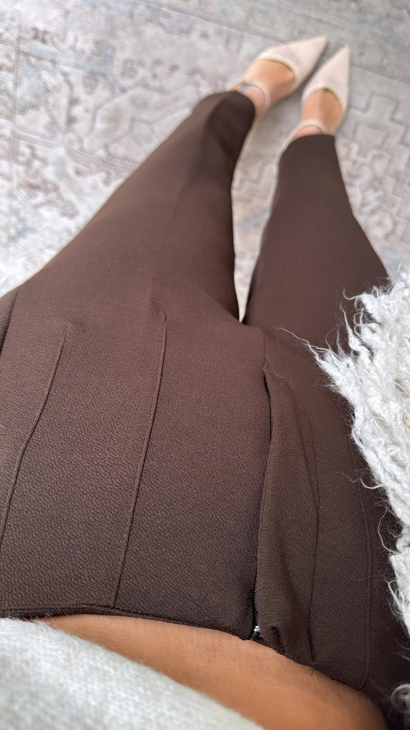 Kahverengi Zr Model Bel Detaylı Kumaş Pantolon