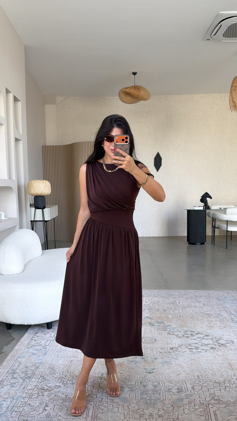 Kahverengi ZR Model Drape Detaylı Midi Elbise