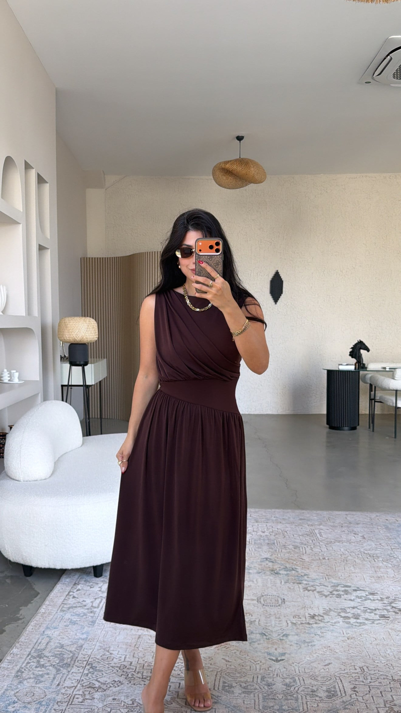 Kahverengi ZR Model Drape Detaylı Midi Elbise