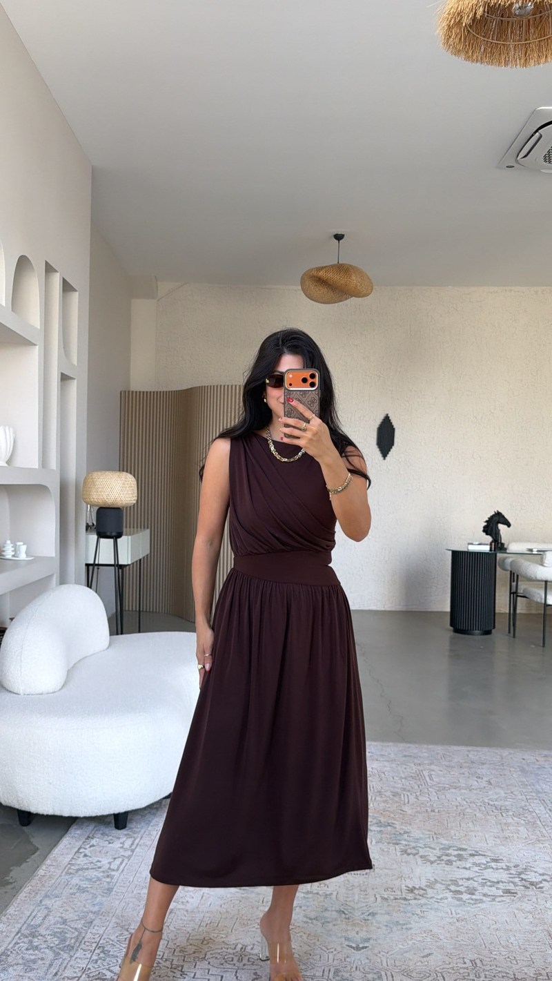 Kahverengi ZR Model Drape Detaylı Midi Elbise