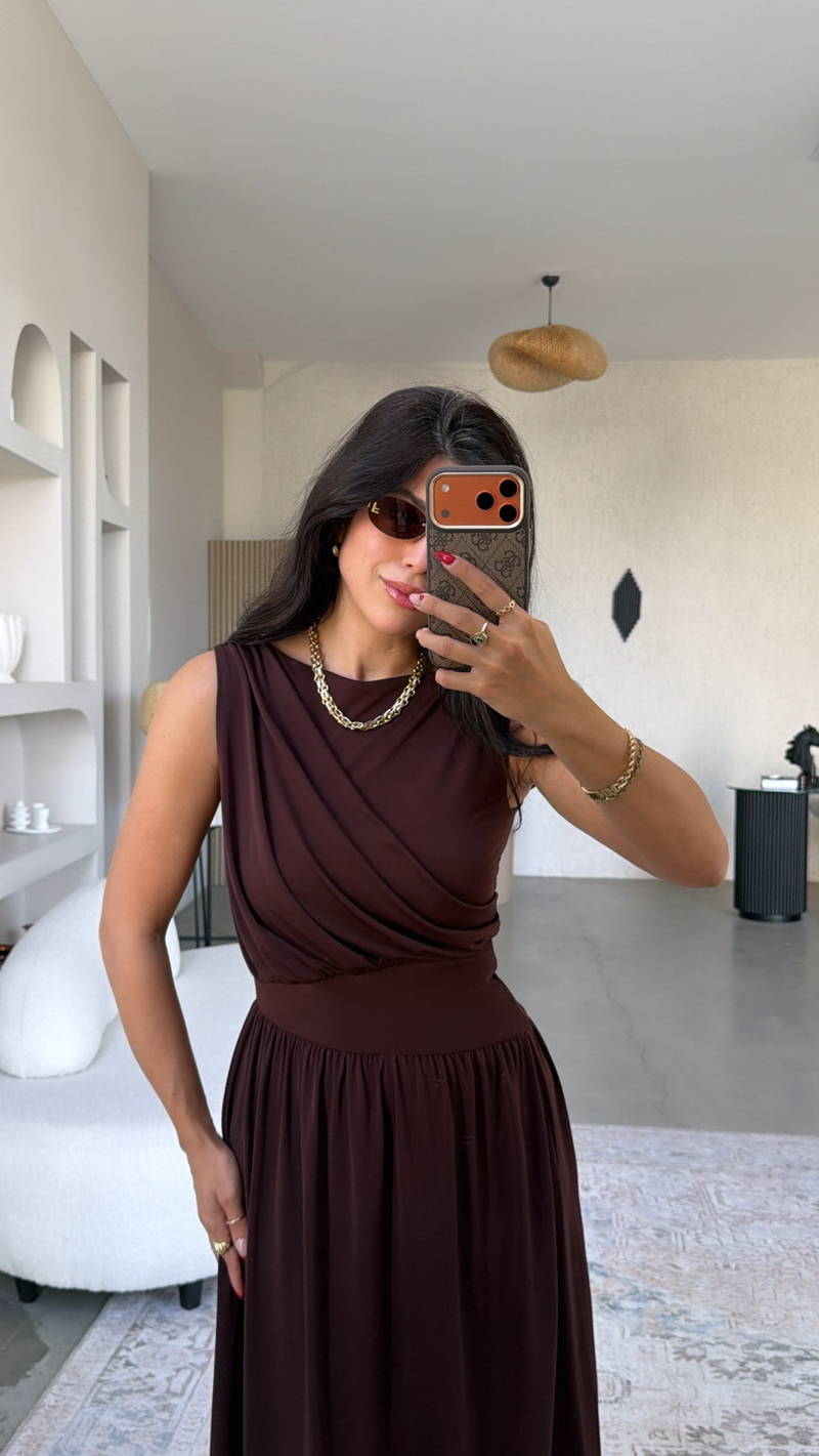 Kahverengi ZR Model Drape Detaylı Midi Elbise
