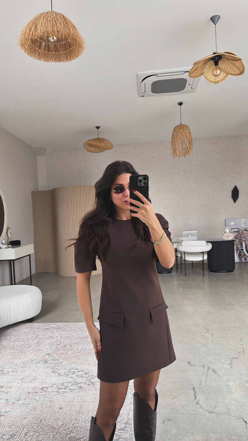 Kahverengi ZR Model Premium Kapak Cepli Kumaş Elbise