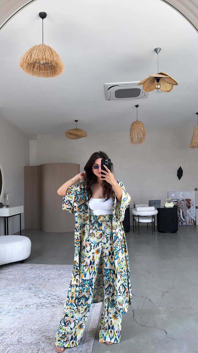 Karışık Desenli Juna Kimono Pantolon Takım
