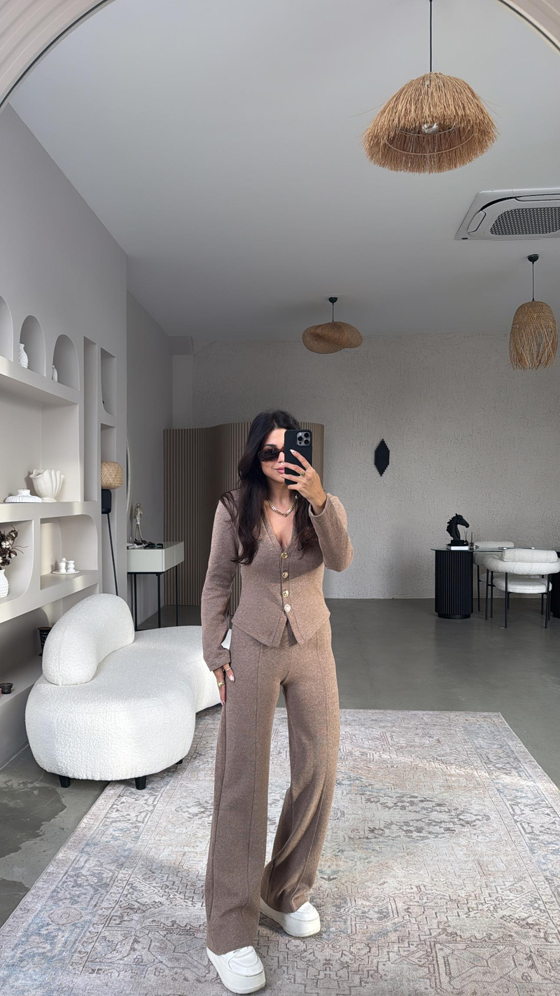 Kırçıllı Kahverengi Selanik Triko ZR model Hırka Pantolon Takım
