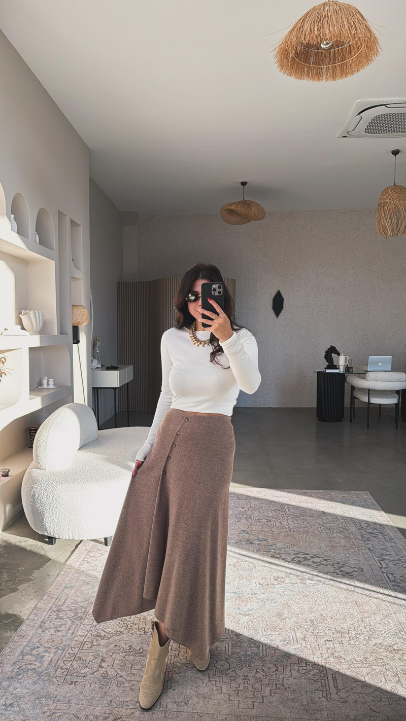 Kırçıllı Kahverengi Selanik ZR Model Düğmeli Etek
