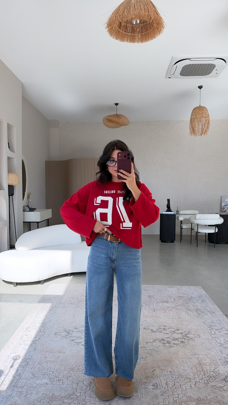 Kırmızı 76 Baskılı İki İplik Sweatshirt