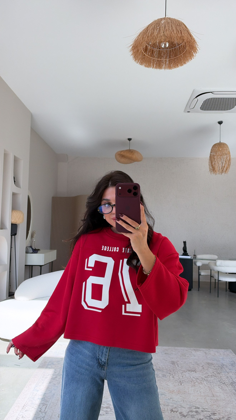 Kırmızı 76 Baskılı İki İplik Sweatshirt