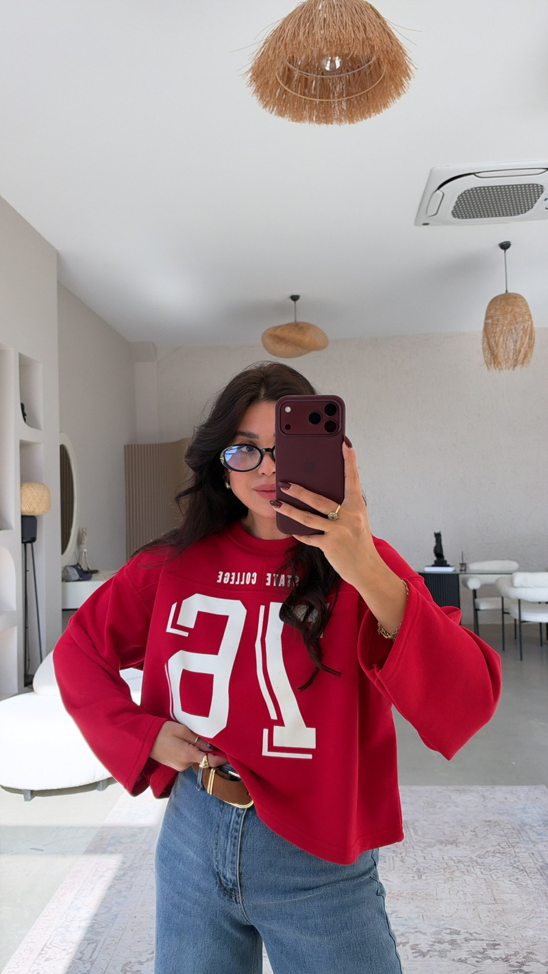 Kırmızı 76 Baskılı İki İplik Sweatshirt