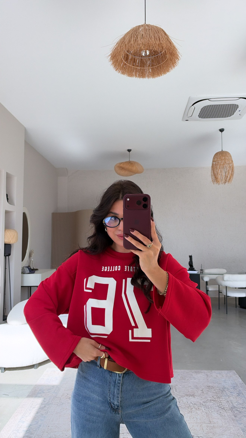 Kırmızı 76 Baskılı İki İplik Sweatshirt