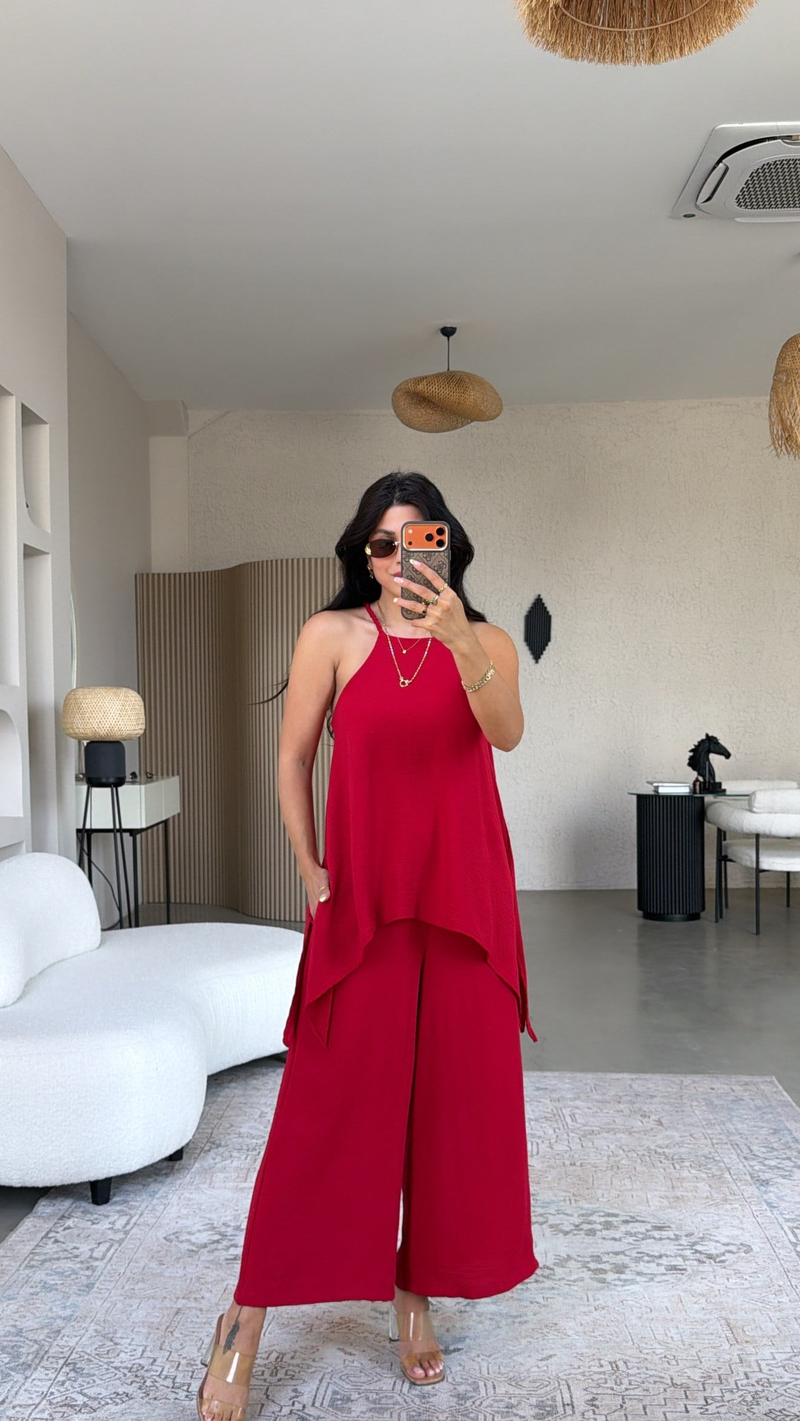 Kırmızı Bluz Pantolon Görünümlü Tiril Tulum