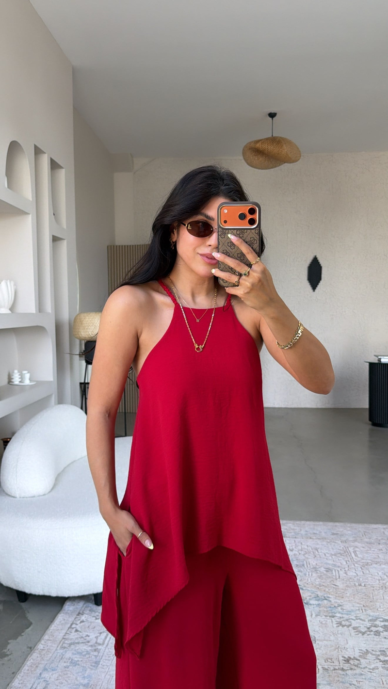 Kırmızı Bluz Pantolon Görünümlü Tiril Tulum
