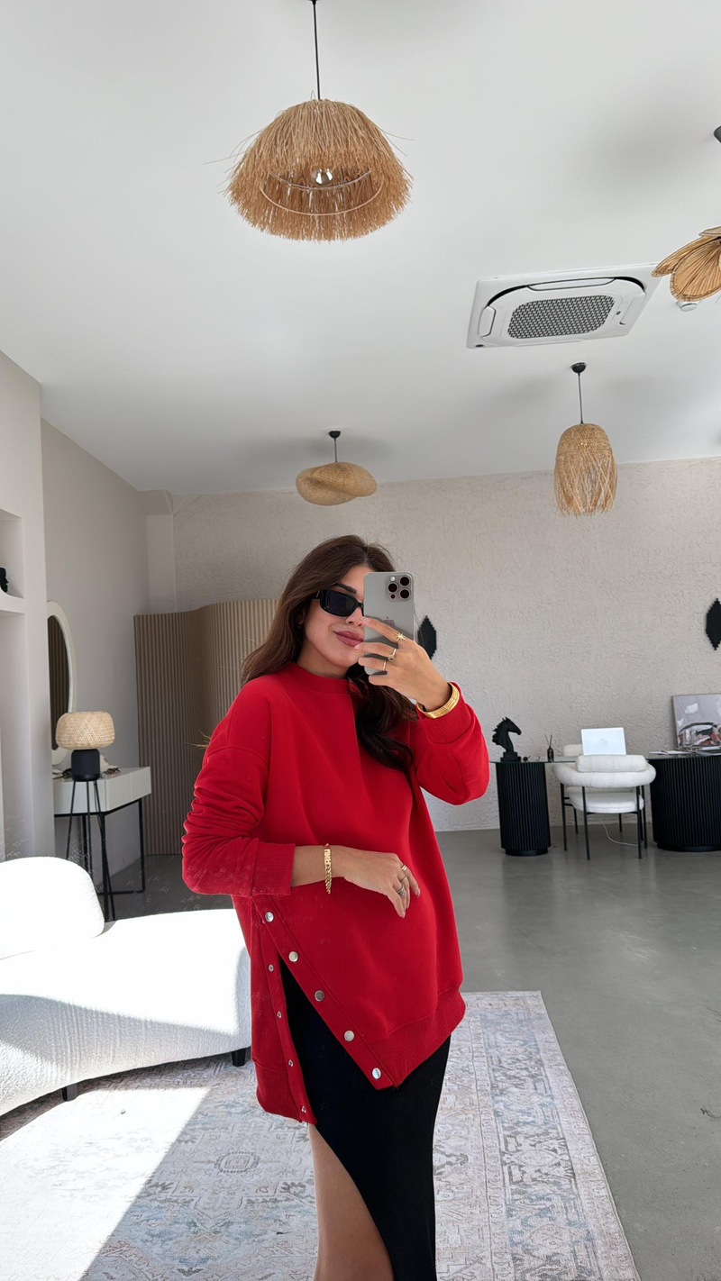 Kırmızı Çıtçıt Detaylı Sweatshirt