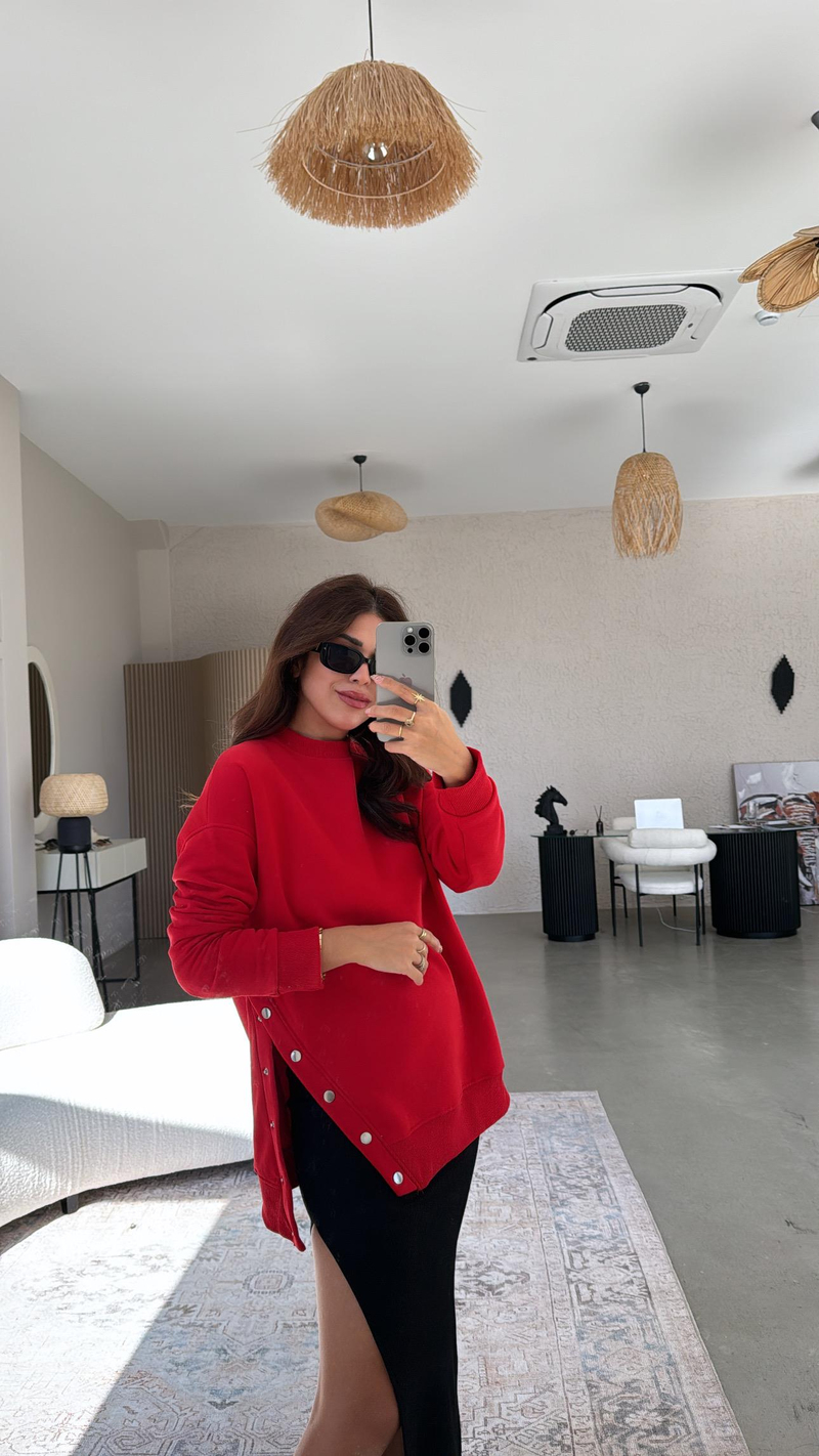 Kırmızı Çıtçıt Detaylı Sweatshirt