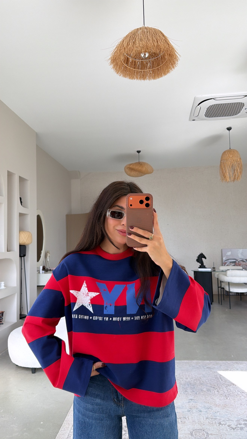 Kırmızı Çizgili NY İki İplik Sweatshirt