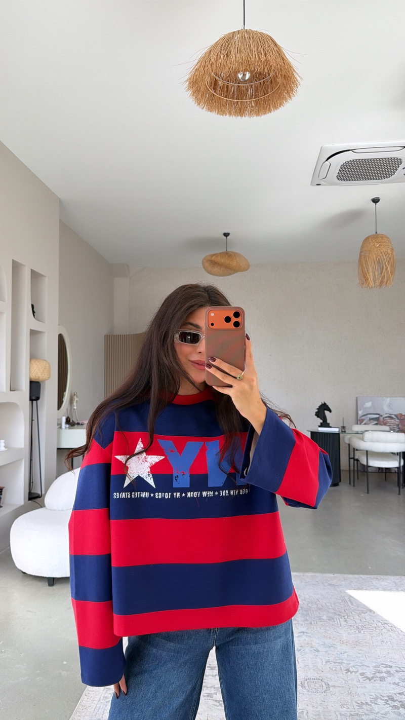 Kırmızı Çizgili NY İki İplik Sweatshirt