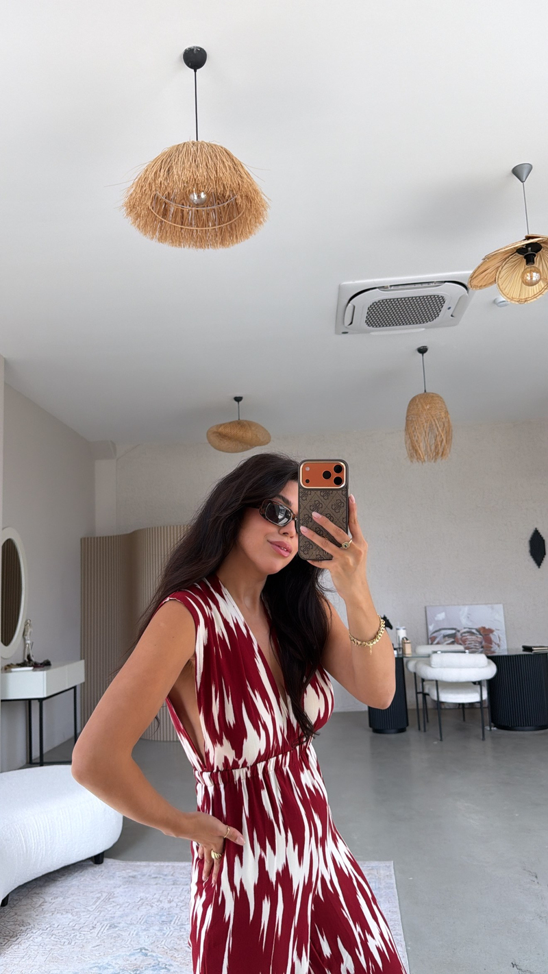 Kırmızı Desenli Viskon Tulum
