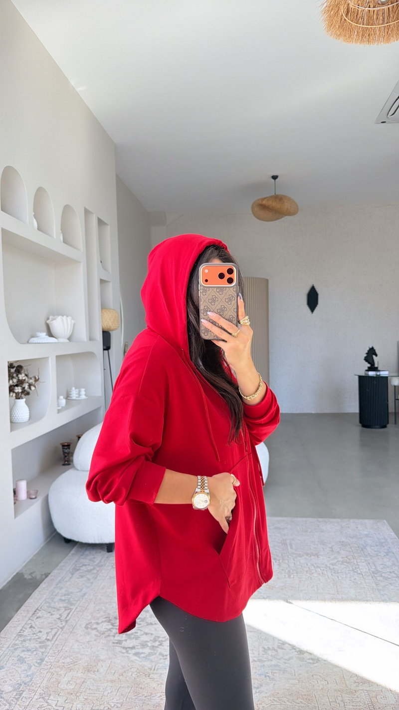 Kırmızı Fermuarlı Cepli Modal Hoodie