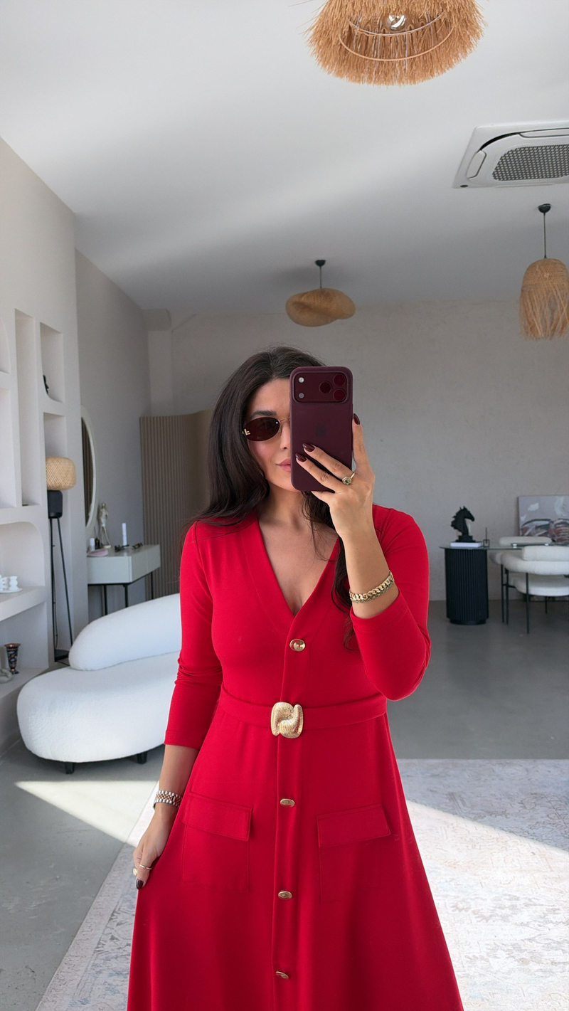 Kırmızı Gold Aksesuarlı Modal Premium Elbise