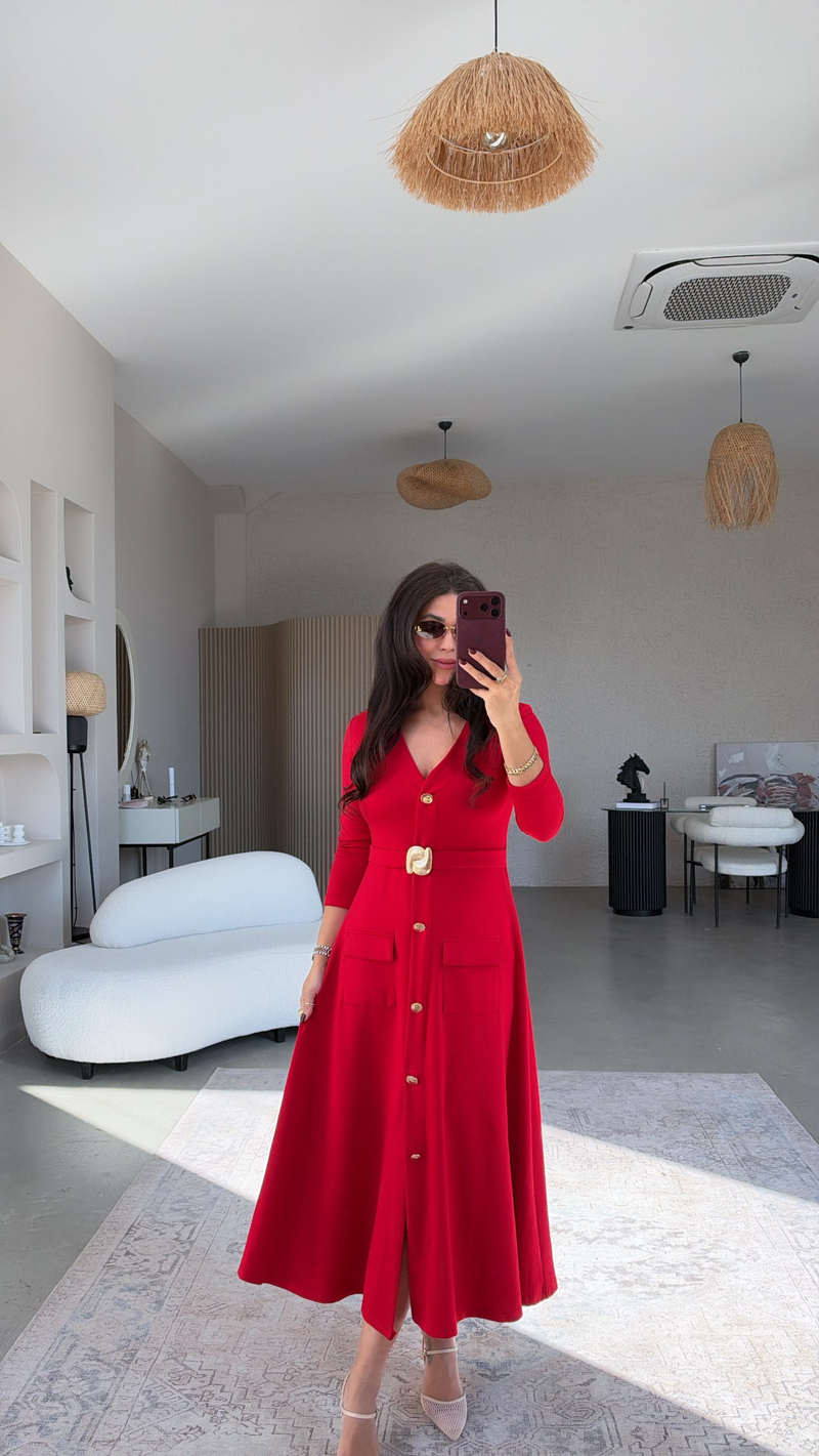 Kırmızı Gold Aksesuarlı Modal Premium Elbise