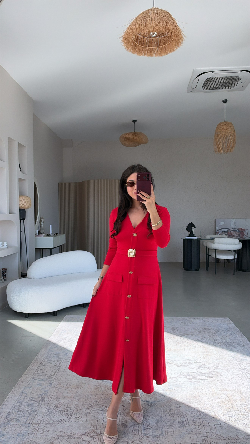 Kırmızı Gold Aksesuarlı Modal Premium Elbise