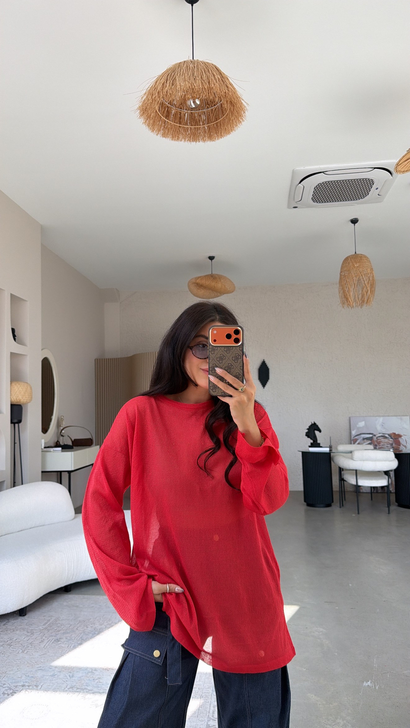 Kırmızı İnce Transparan Merserize Tunik Boy Triko