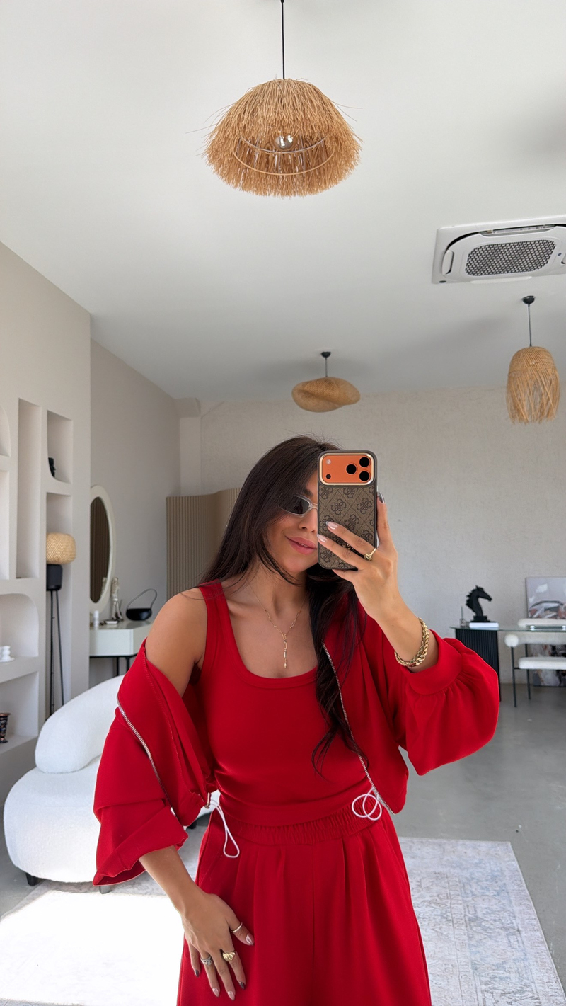 Kırmızı Modal Üçlü Atlet Hoodie Eşofman Takım