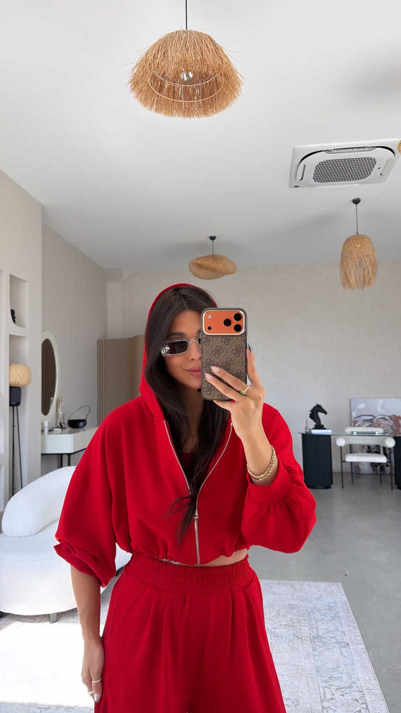 Kırmızı Modal Üçlü Atlet Hoodie Eşofman Takım