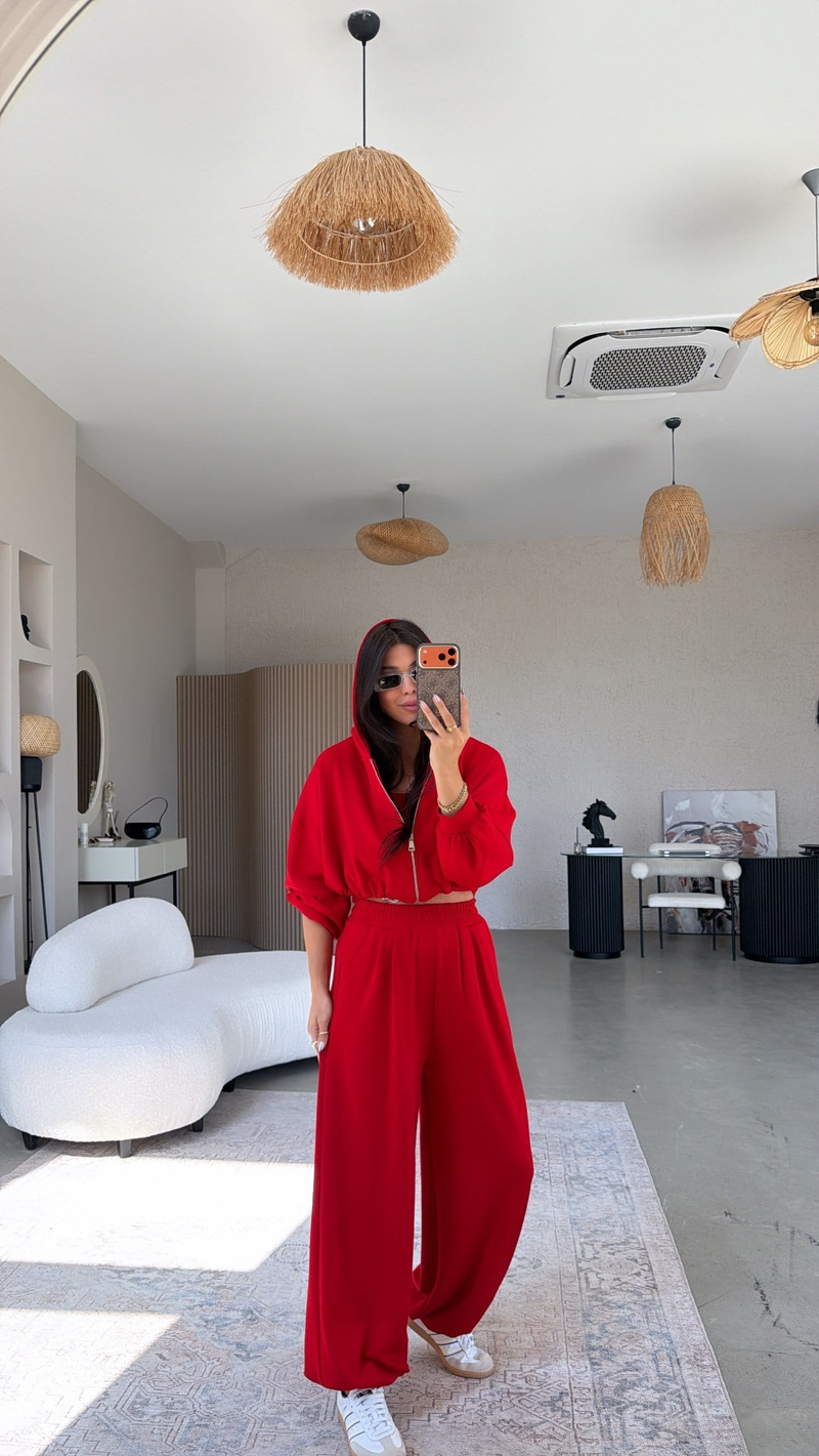 Kırmızı Modal Üçlü Atlet Hoodie Eşofman Takım