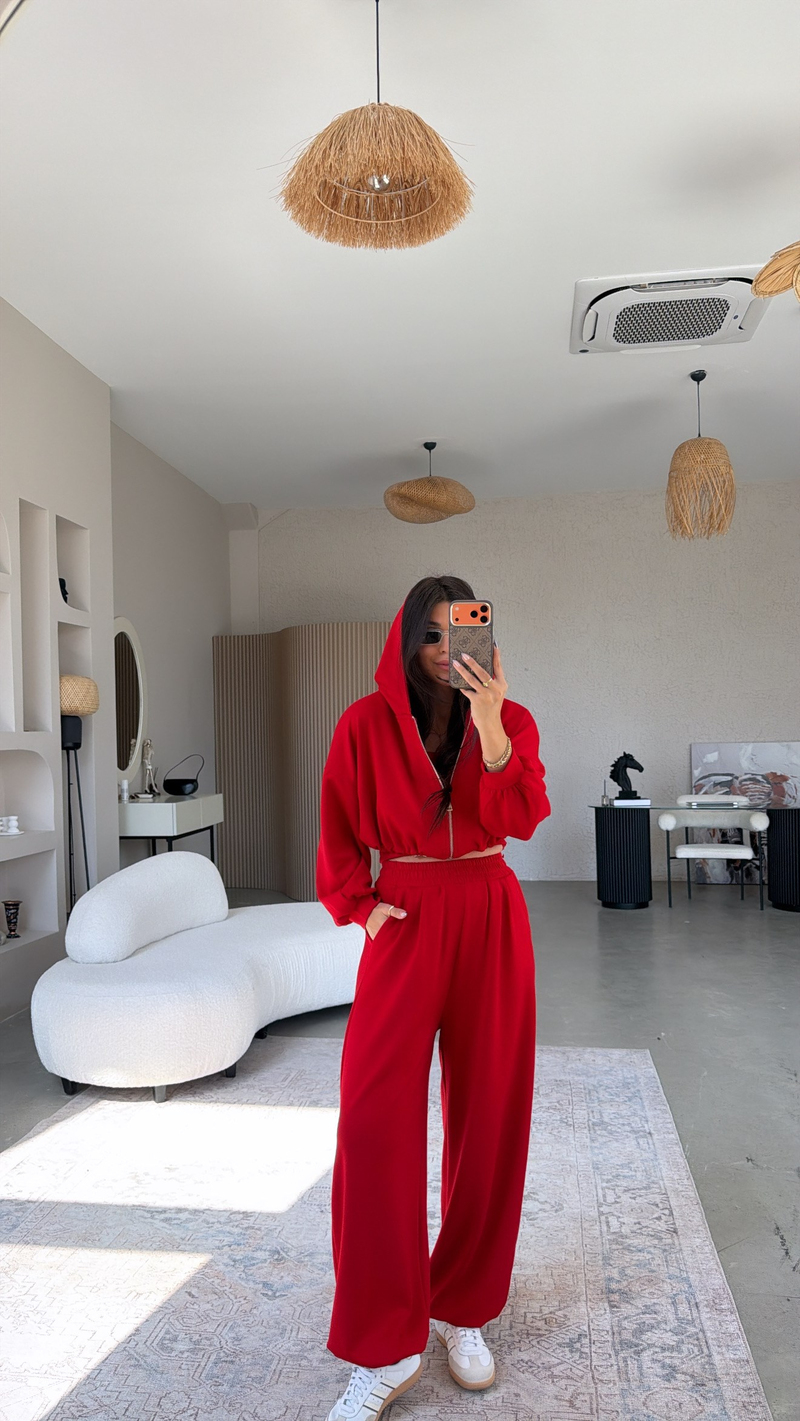 Kırmızı Modal Üçlü Atlet Hoodie Eşofman Takım