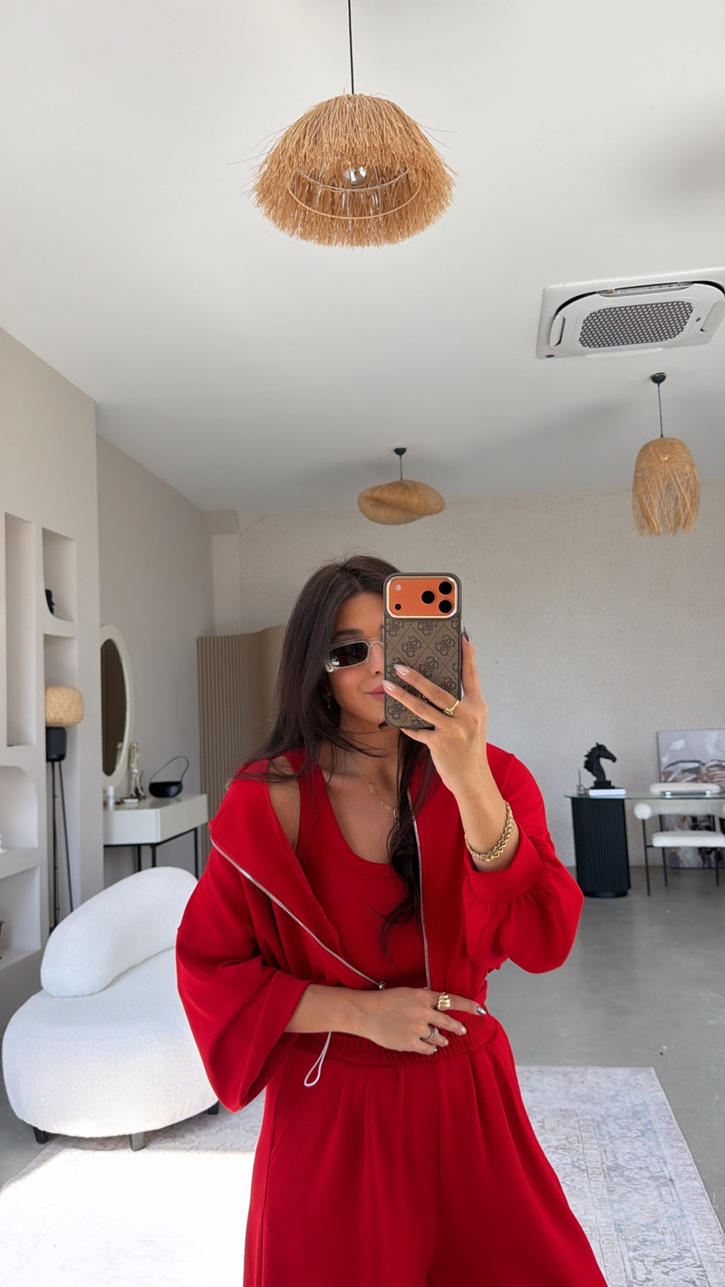 Kırmızı Modal Üçlü Atlet Hoodie Eşofman Takım