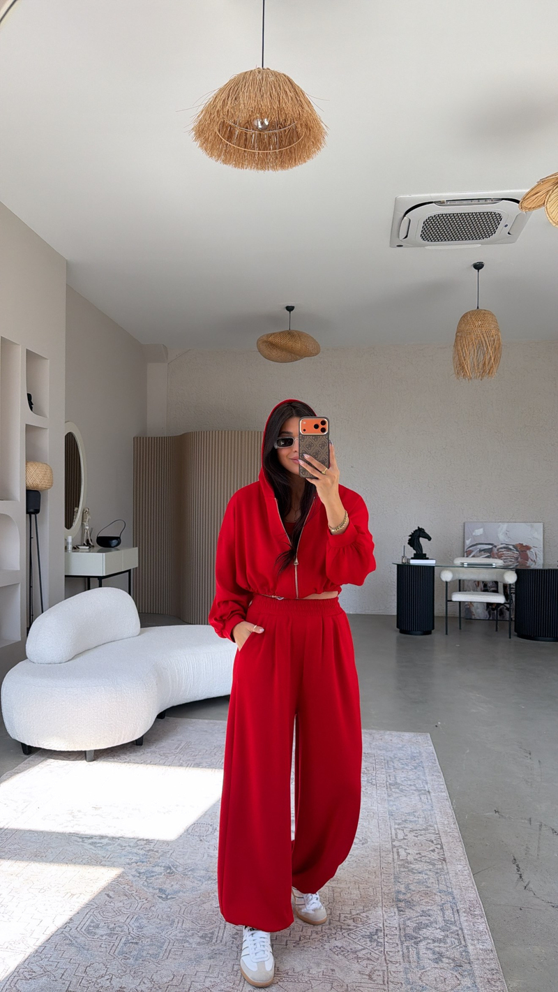 Kırmızı Modal Üçlü Atlet Hoodie Eşofman Takım