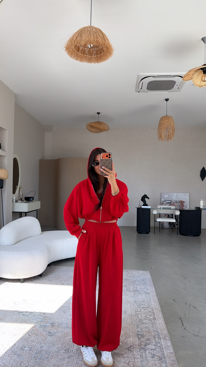 Kırmızı Modal Üçlü Atlet Hoodie Eşofman Takım