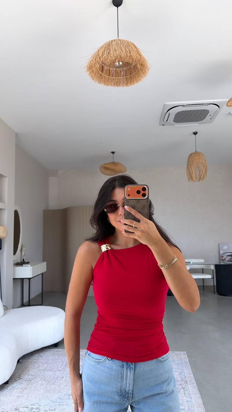 Kırmızı Omuz Aksesuarlı Polyamid Bluz