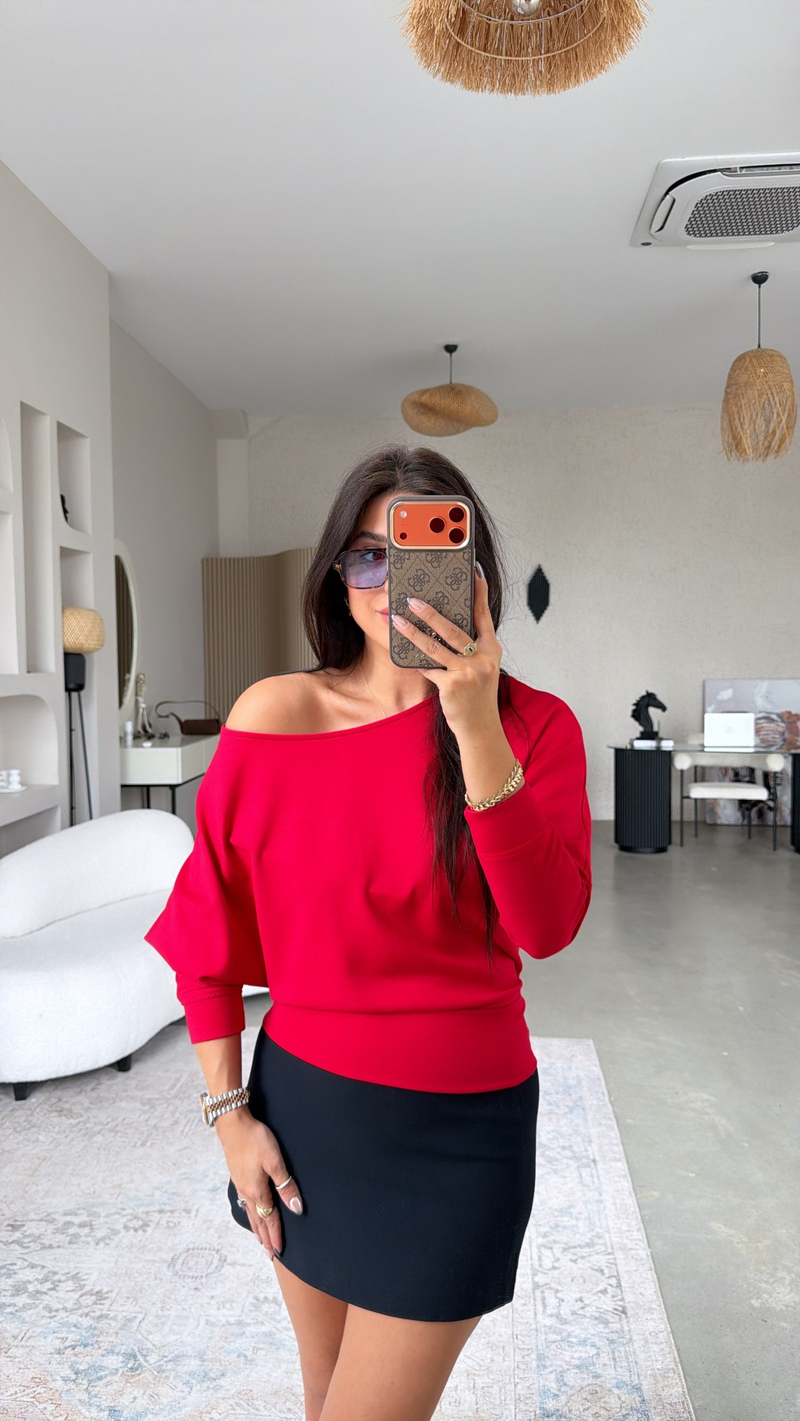 Kırmızı Omzu Açık Modal Sweatshirt