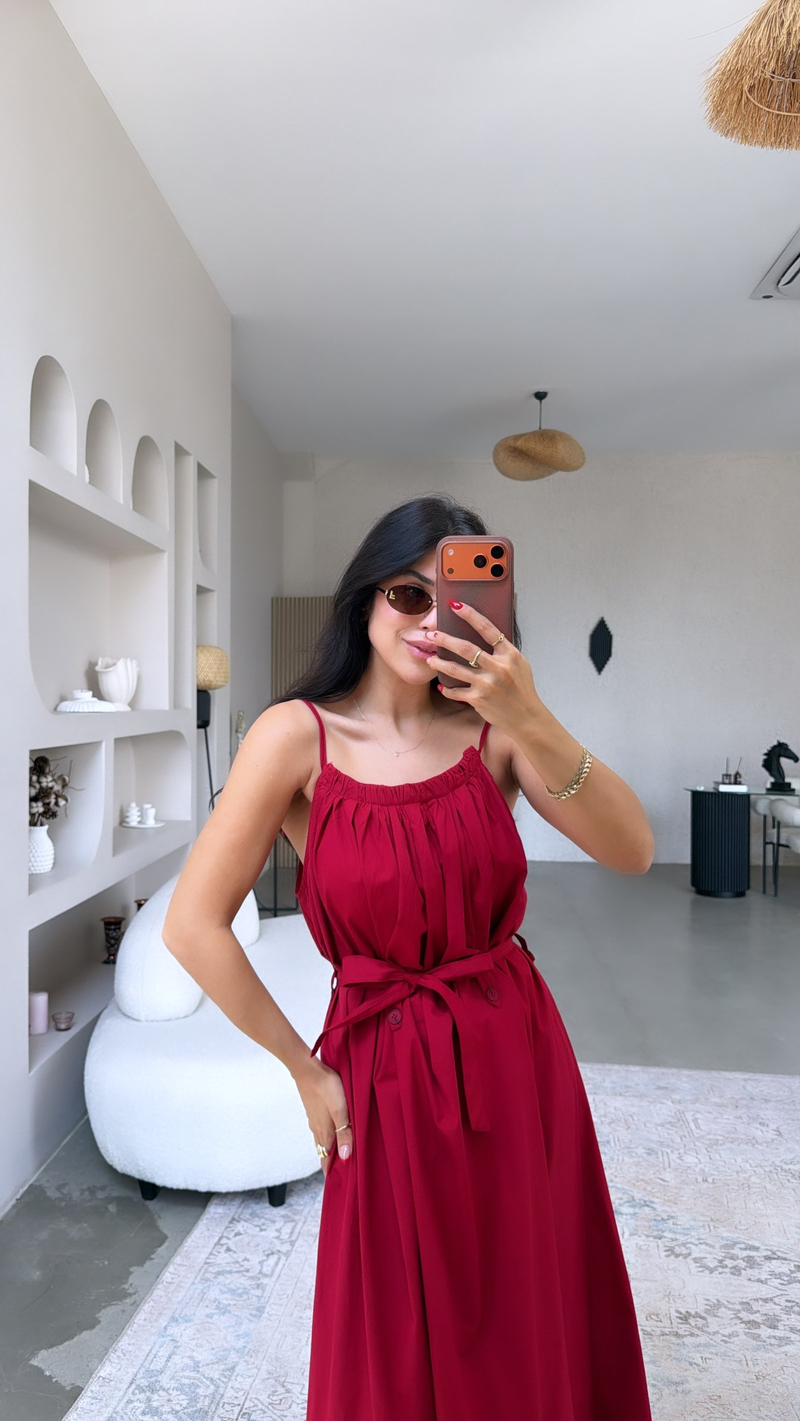 Kırmızı Poplin Kumaş Uzun Kuşaklı Elbise