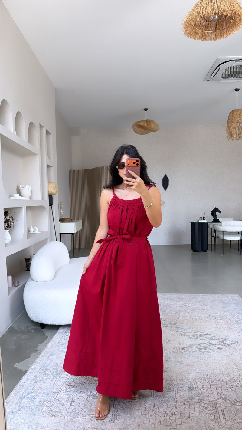 Kırmızı Poplin Kumaş Uzun Kuşaklı Elbise