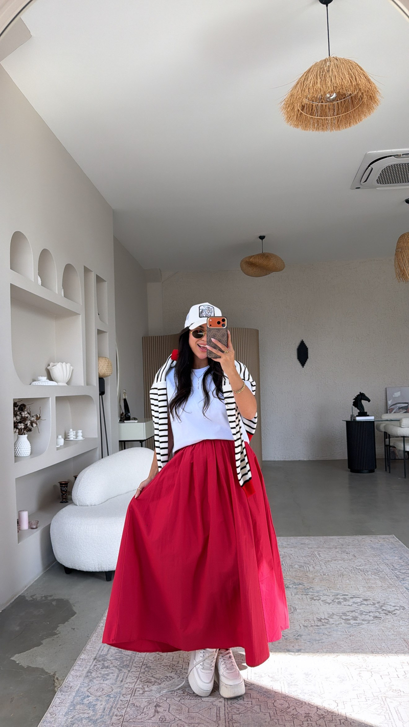 Kırmızı Poplin Maxi Beli Lastikli Etek