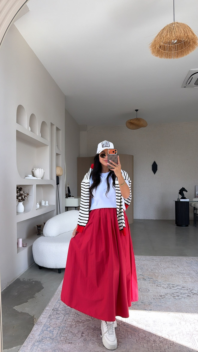 Kırmızı Poplin Maxi Beli Lastikli Etek