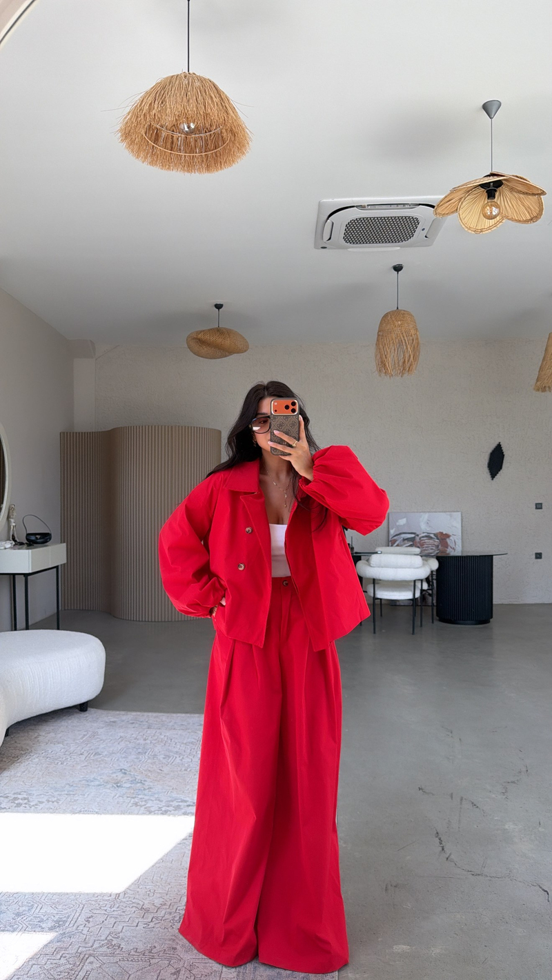 Kırmızı Premium Trench Pantolon Takım