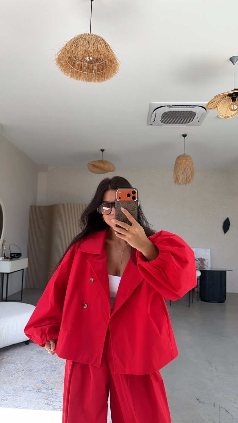 Kırmızı Premium Trench Pantolon Takım