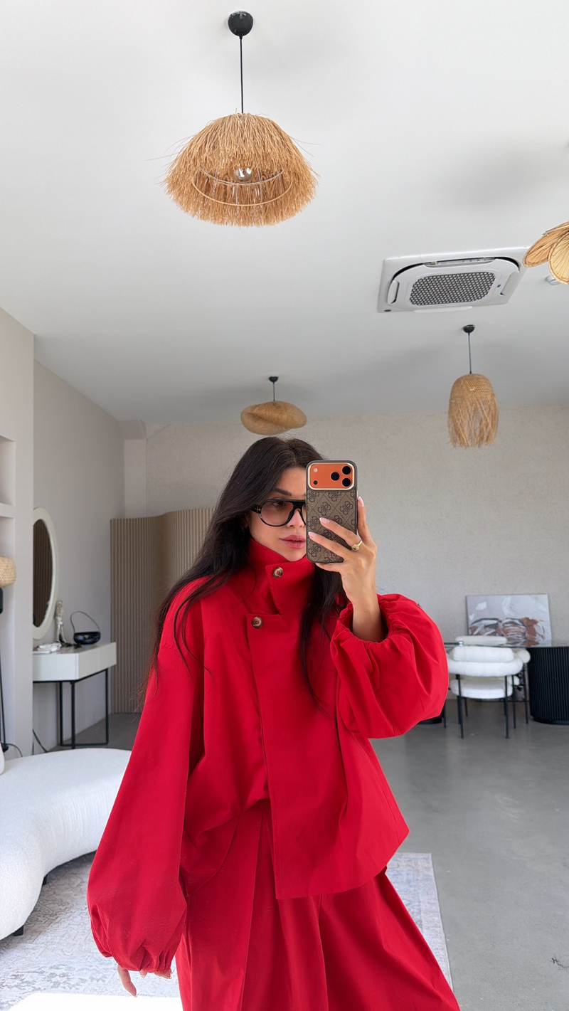 Kırmızı Premium Trench Pantolon Takım